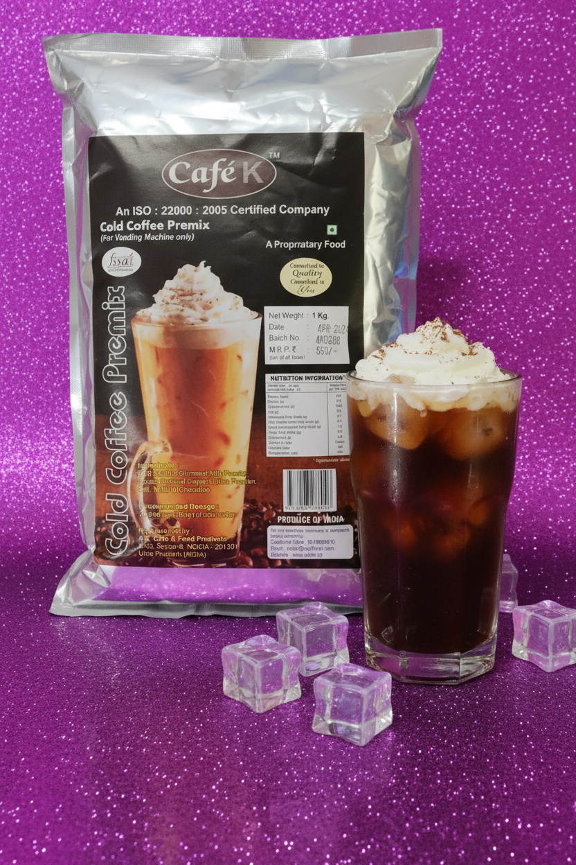 Coffee Walla cold coffee premix powder package with a glass of iced cold coffee topped with whipped cream