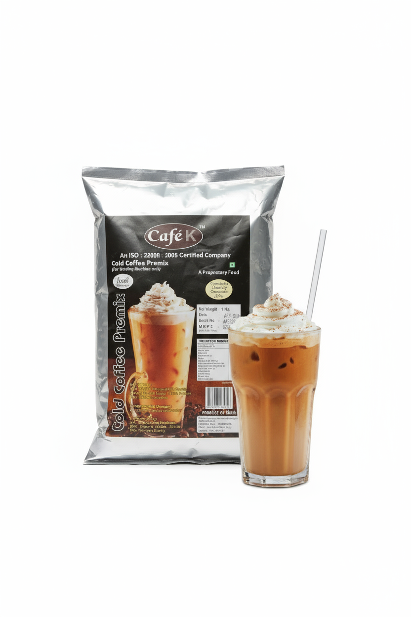 Coffee Walla cold coffee premix powder packet with a glass of iced coffee topped with whipped cream