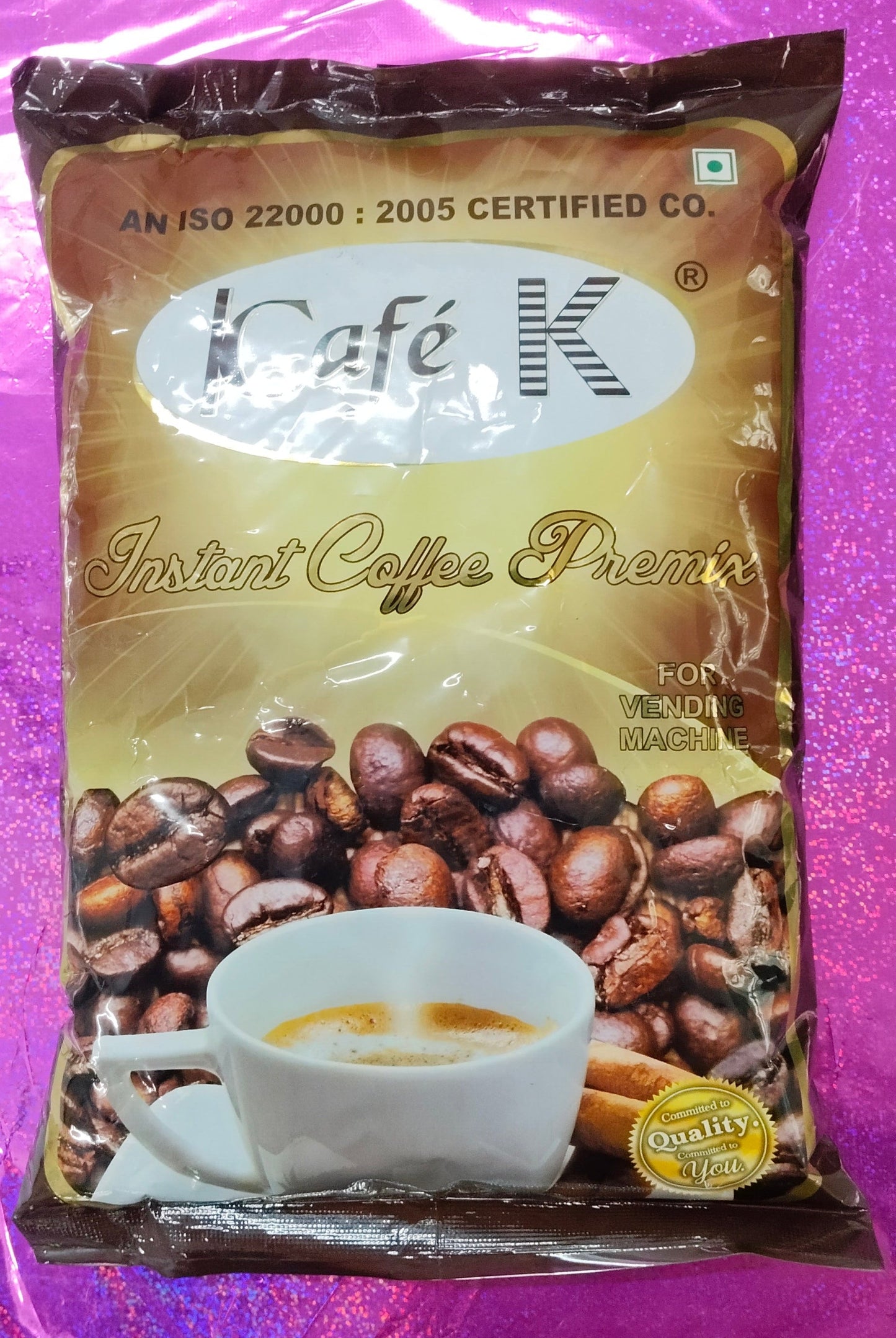 Cafe K instant coffee premix 1kg pack by Coffee Walla with coffee beans and cup of coffee on packaging
