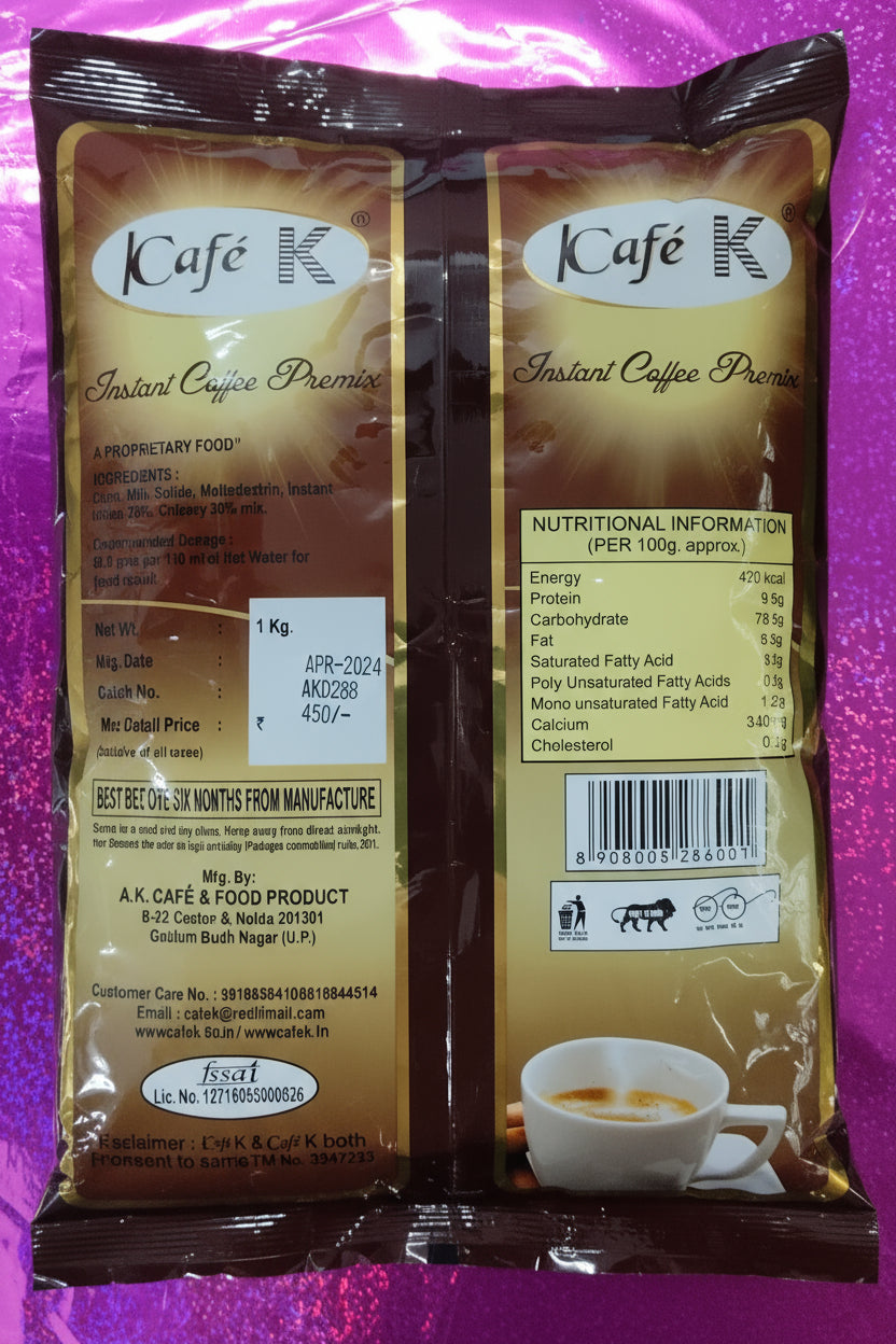 Coffee walla instant coffee premix 1kg brown packaging with nutritional information and cup of coffee image