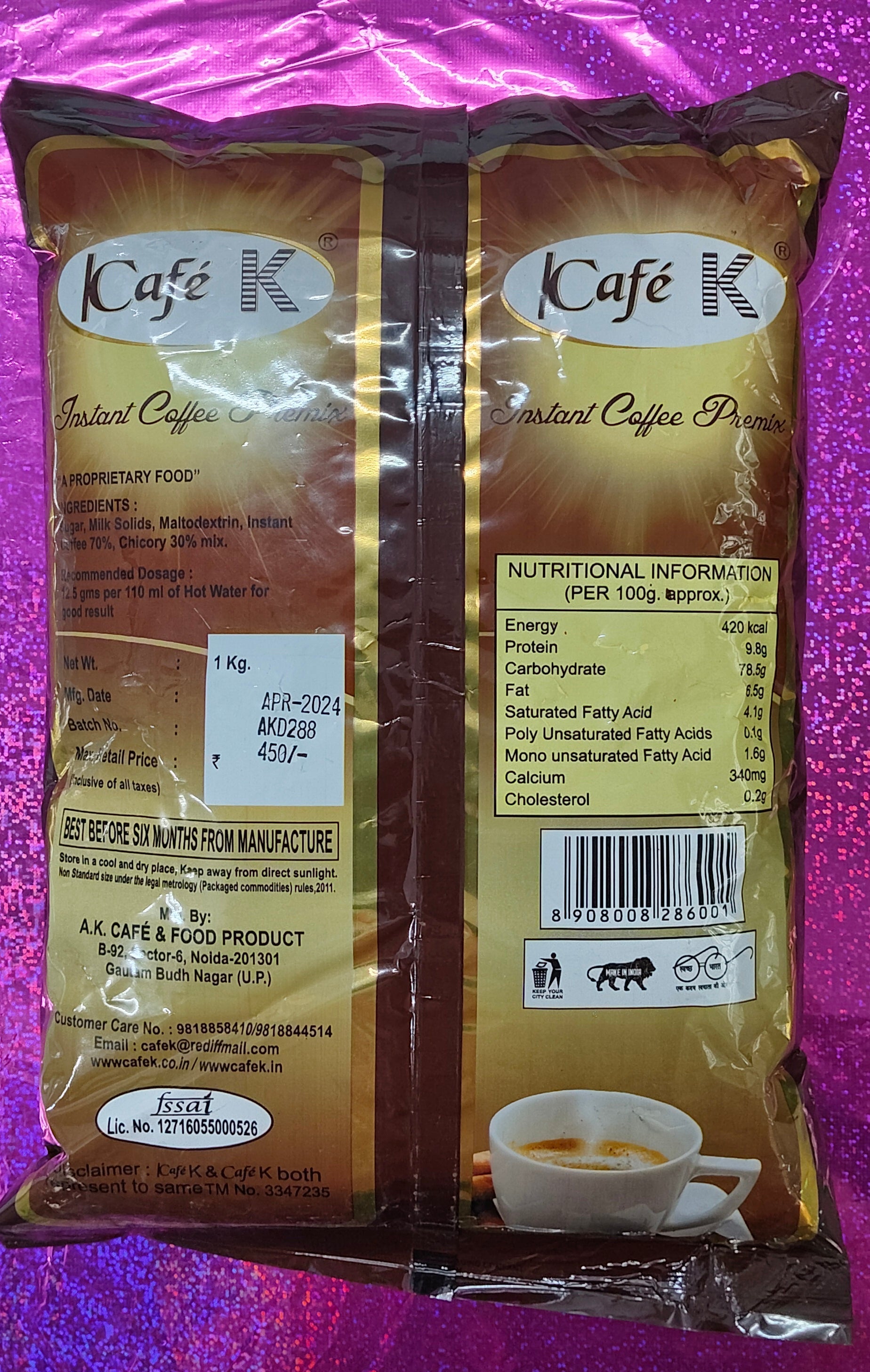 Cafe K instant coffee premix 1kg pack with nutritional information and coffee cup image