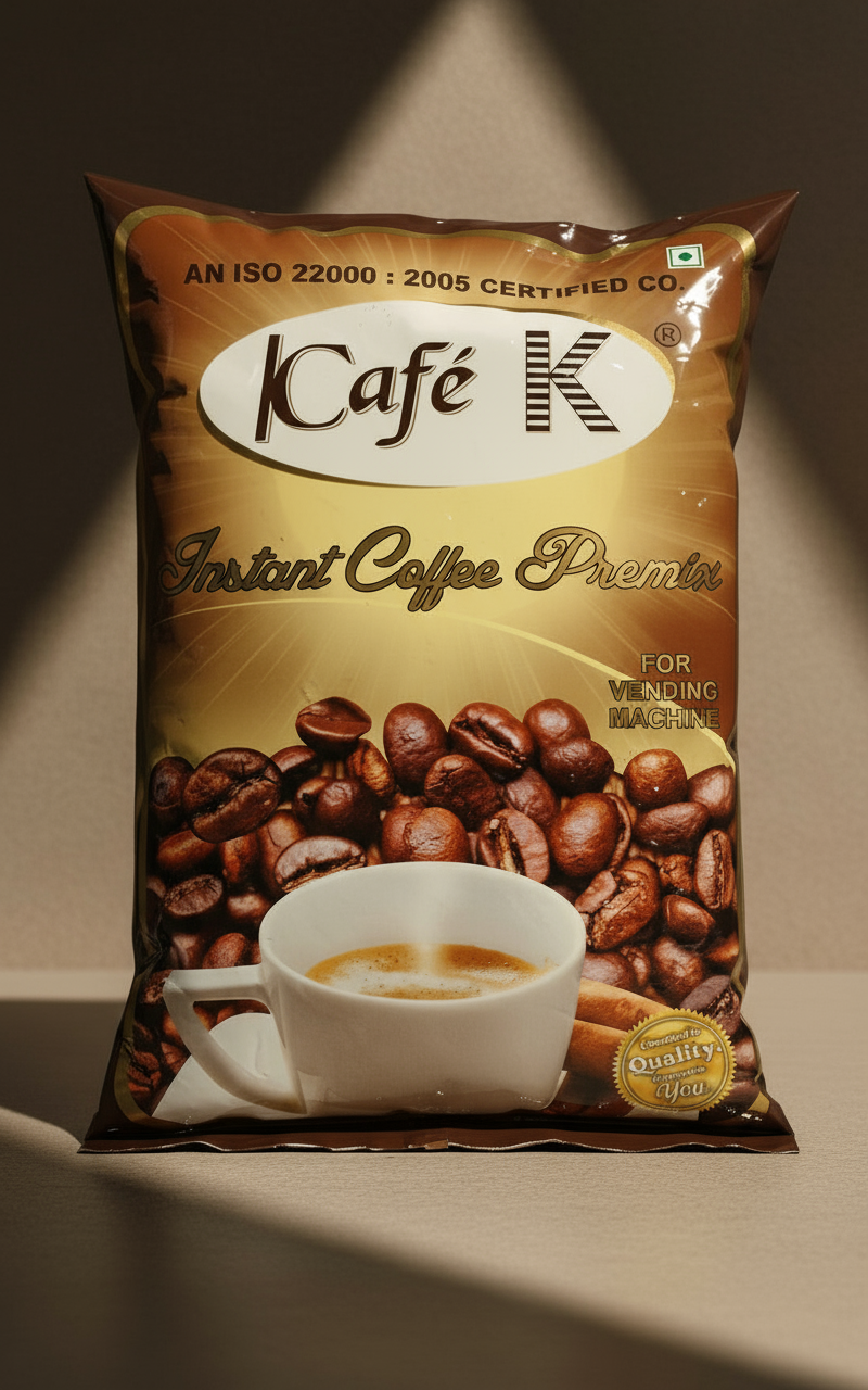 Cafe K instant coffee premix 1kg pack with coffee beans and a cup of coffee on packaging