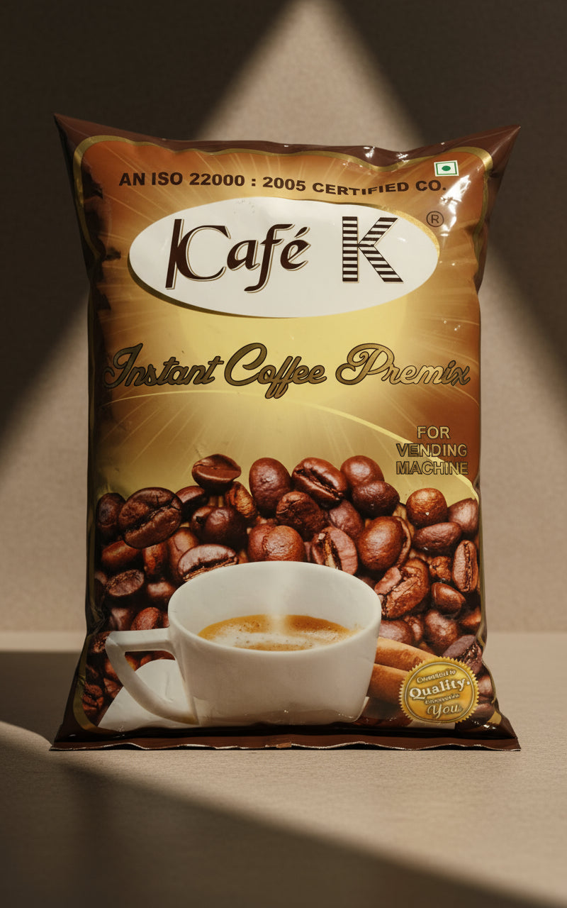 Cafe K instant coffee premix 1kg pack with coffee beans and cup of coffee on brown background
