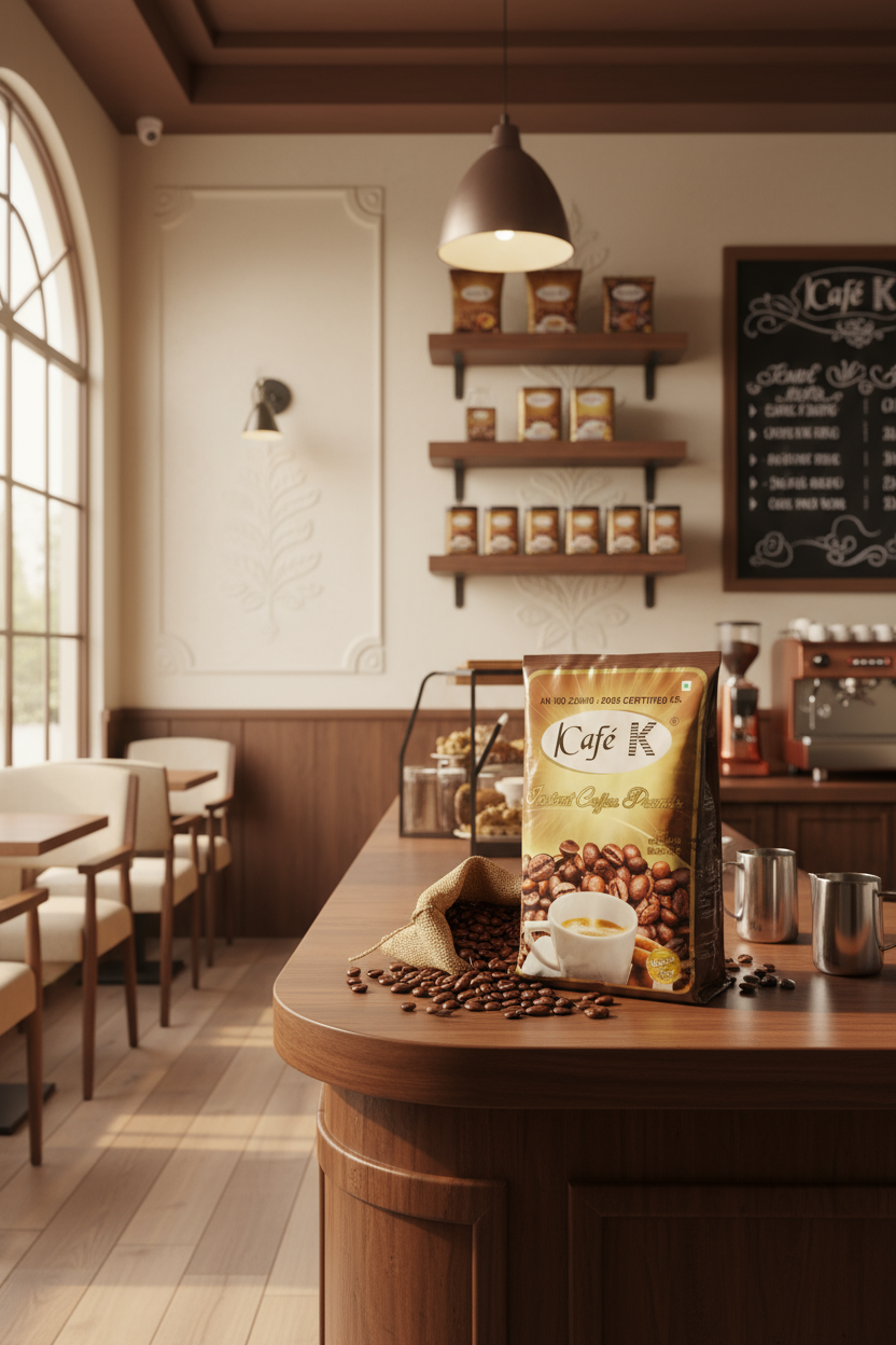 Coffee Walla instant coffee premix 1kg bag with coffee beans and a cup of coffee on a wooden counter in a cozy cafe interior