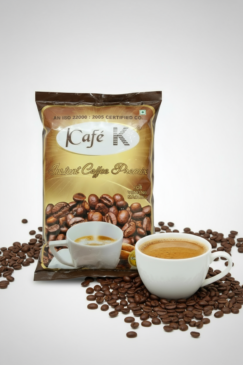 Coffee walla instant coffee premix 1kg pack with a white cup of brewed coffee and coffee beans