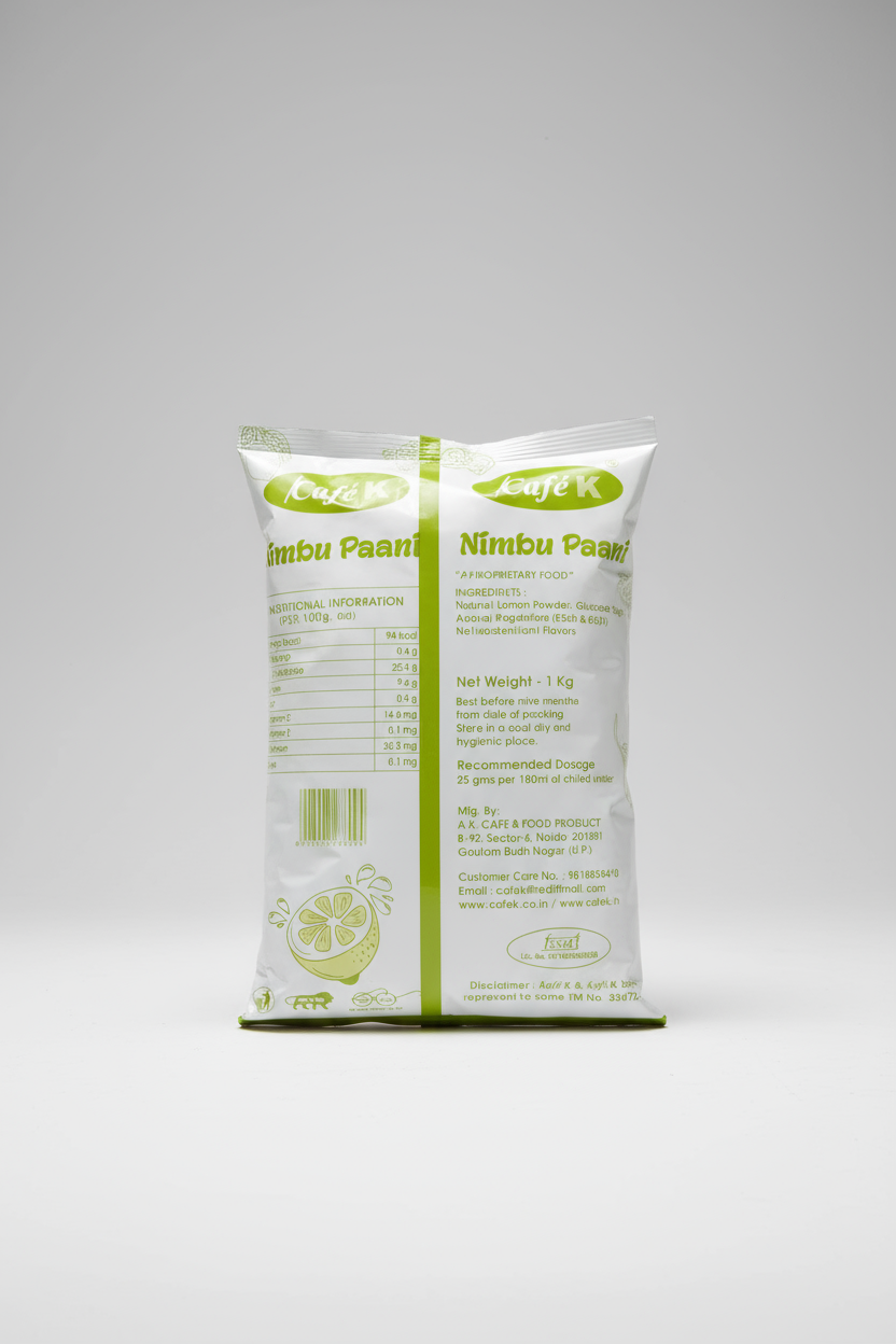 Coffee walla nimbu paani premix for vending machines 1 kg pouch with nutritional information and usage details