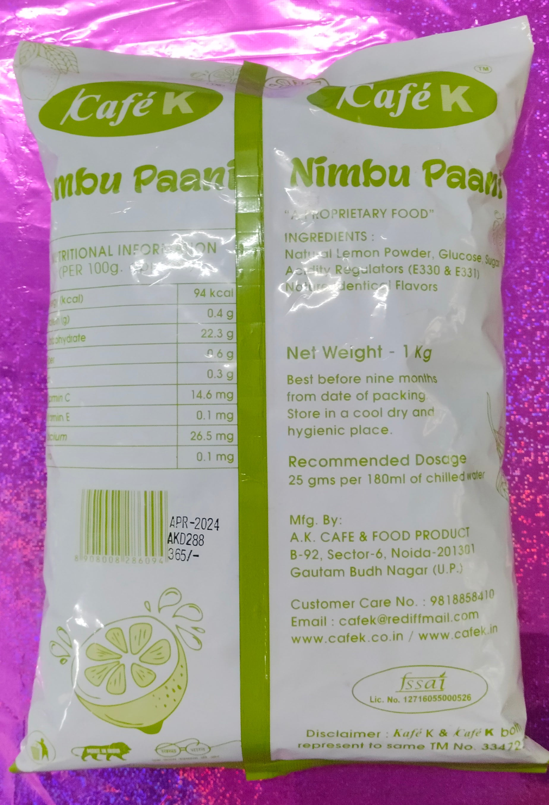 1 kg pack of nimbu paani premix for vending machines by Coffee walla with nutritional info and usage instructions
