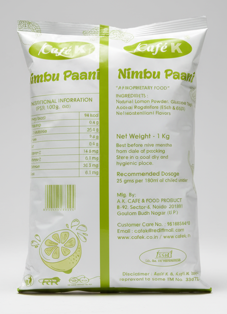 Cafe K nimbu paani premix for vending machines 1kg pack with nutritional information and ingredients