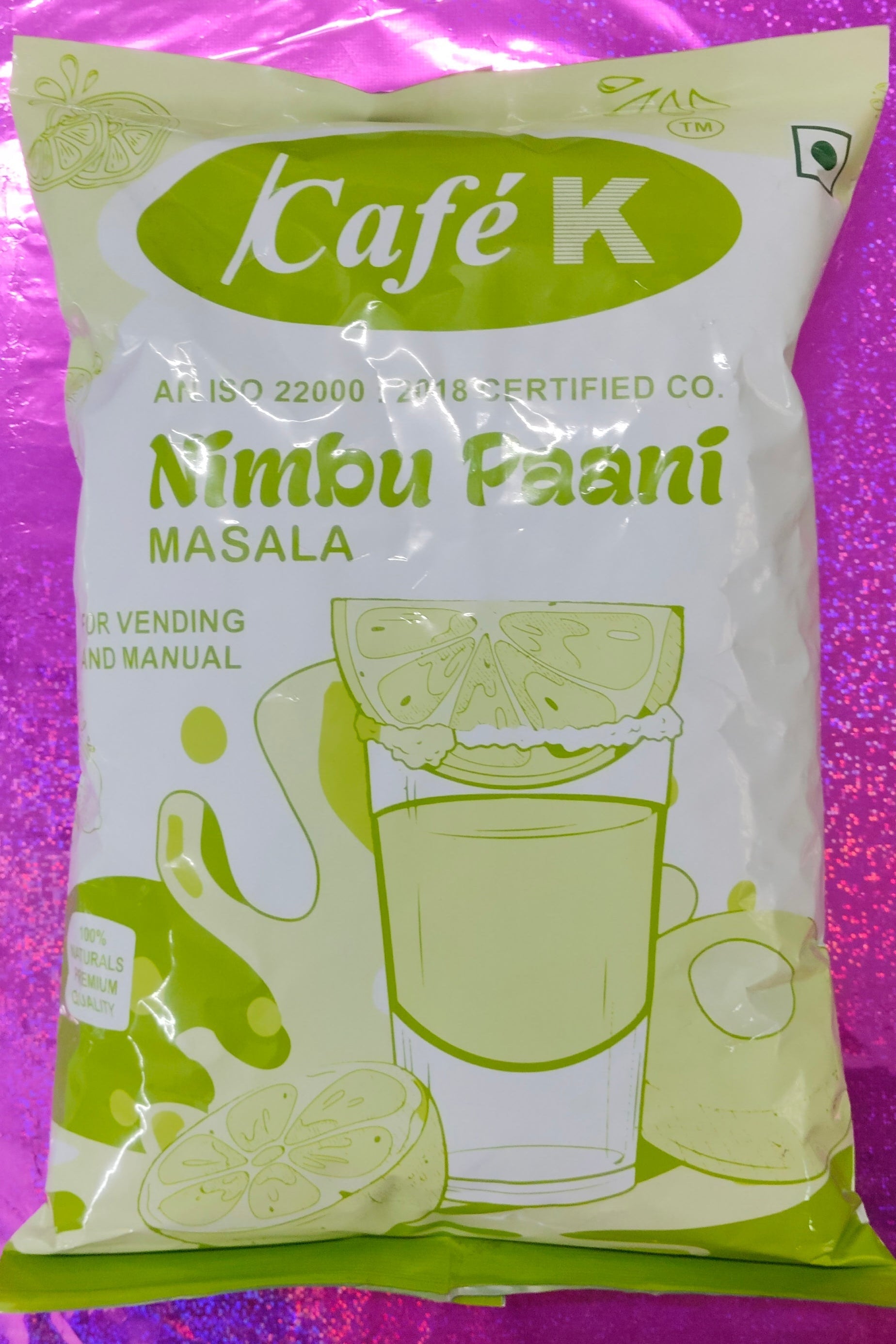 Cafe K nimbu paani premix for vending machines masala flavor packet with lemon illustration