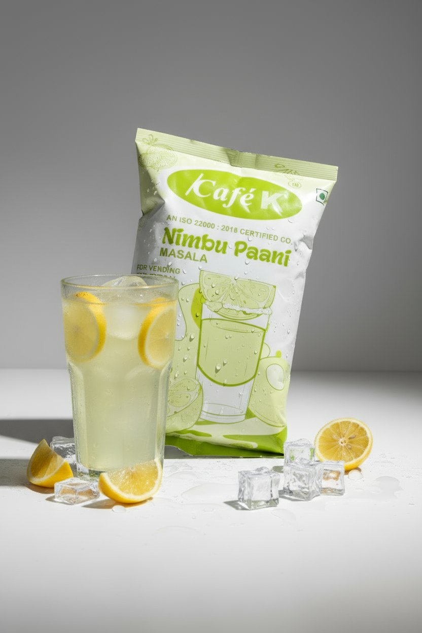 Nimbu paani premix for vending machines by Coffee walla with glass of lemon drink and ice cubes