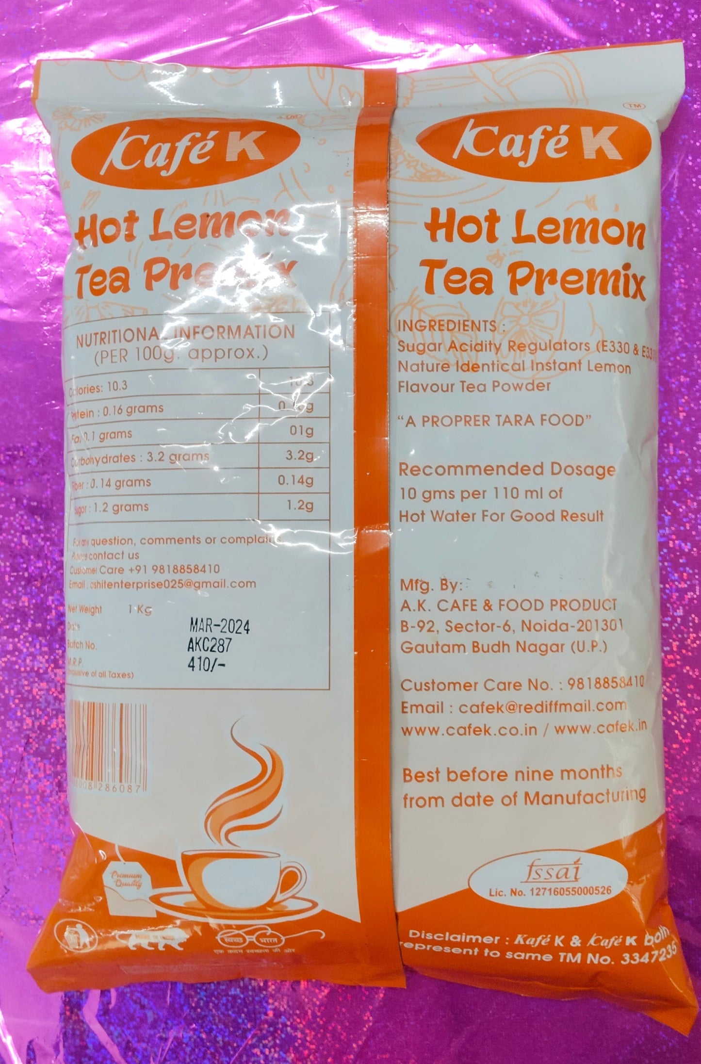 Cafe K hot lemon tea premix powder packaging with nutritional information and dosage instructions