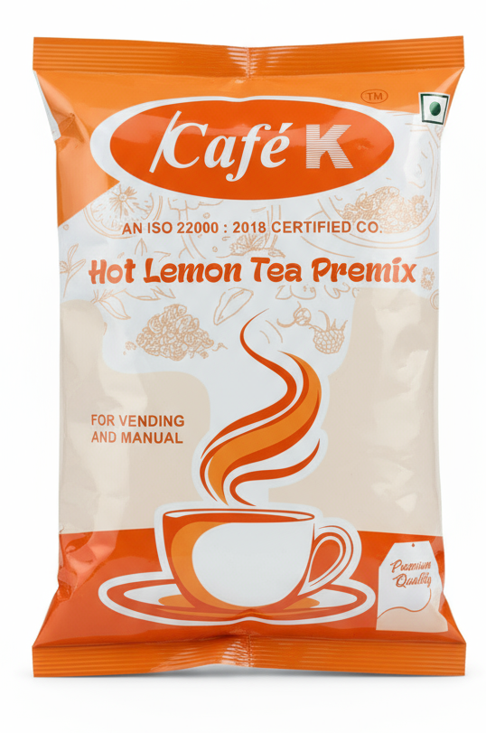 Coffee walla hot lemon tea premix powder packet with orange and white design for vending and manual use
