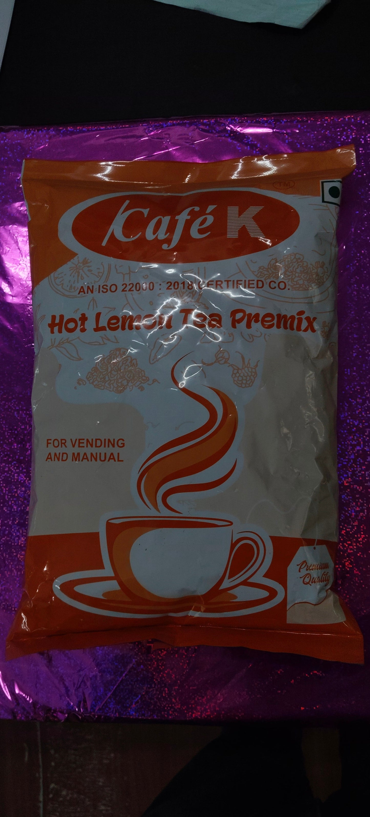 Cafe K hot lemon tea premix powder package for vending and manual preparation
