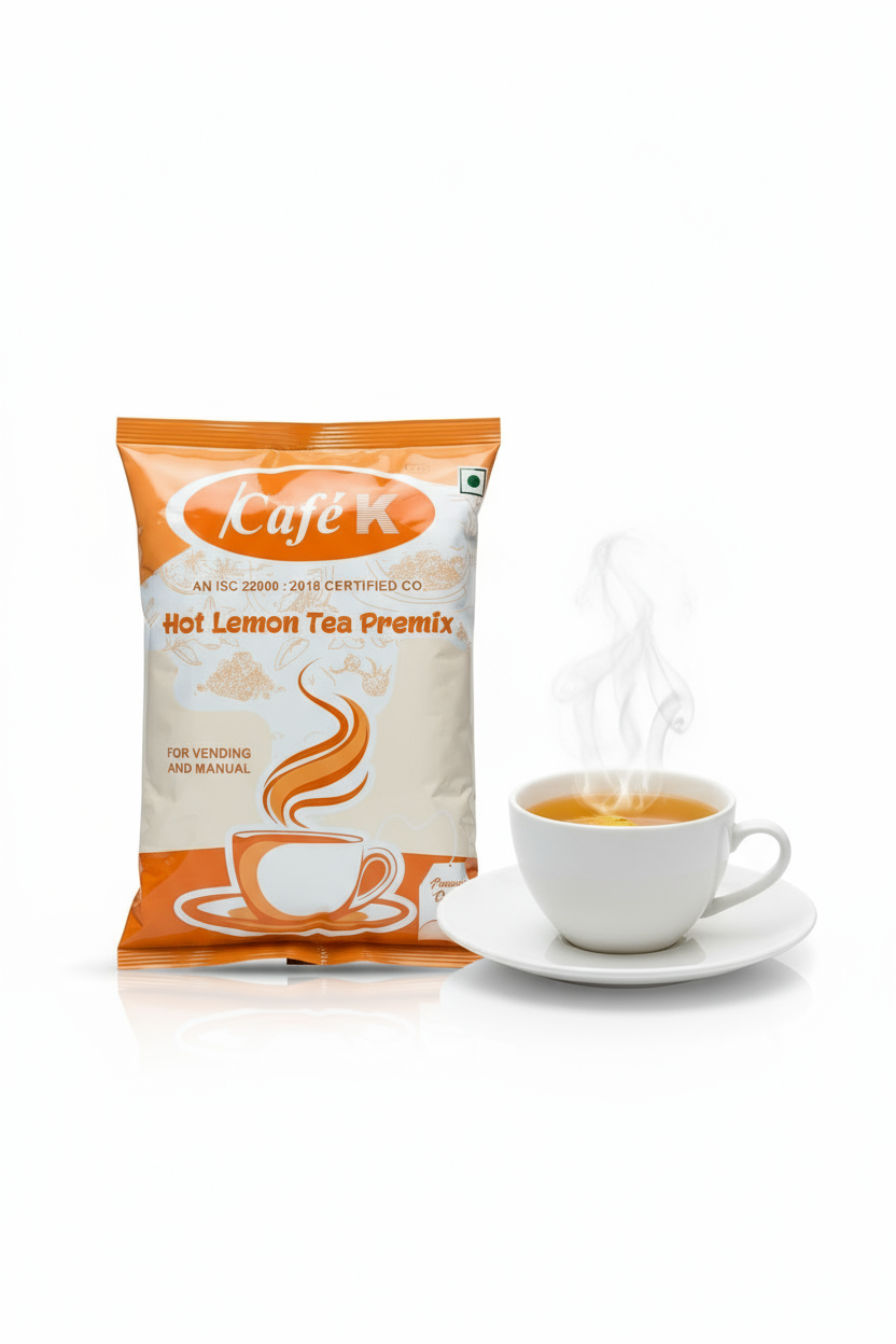 Coffee walla hot lemon tea premix powder package with steaming cup of lemon tea on white background