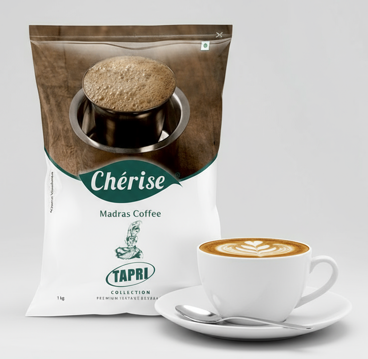 Cherise Madras coffee premix for vending machines with cup of coffee and foam on top