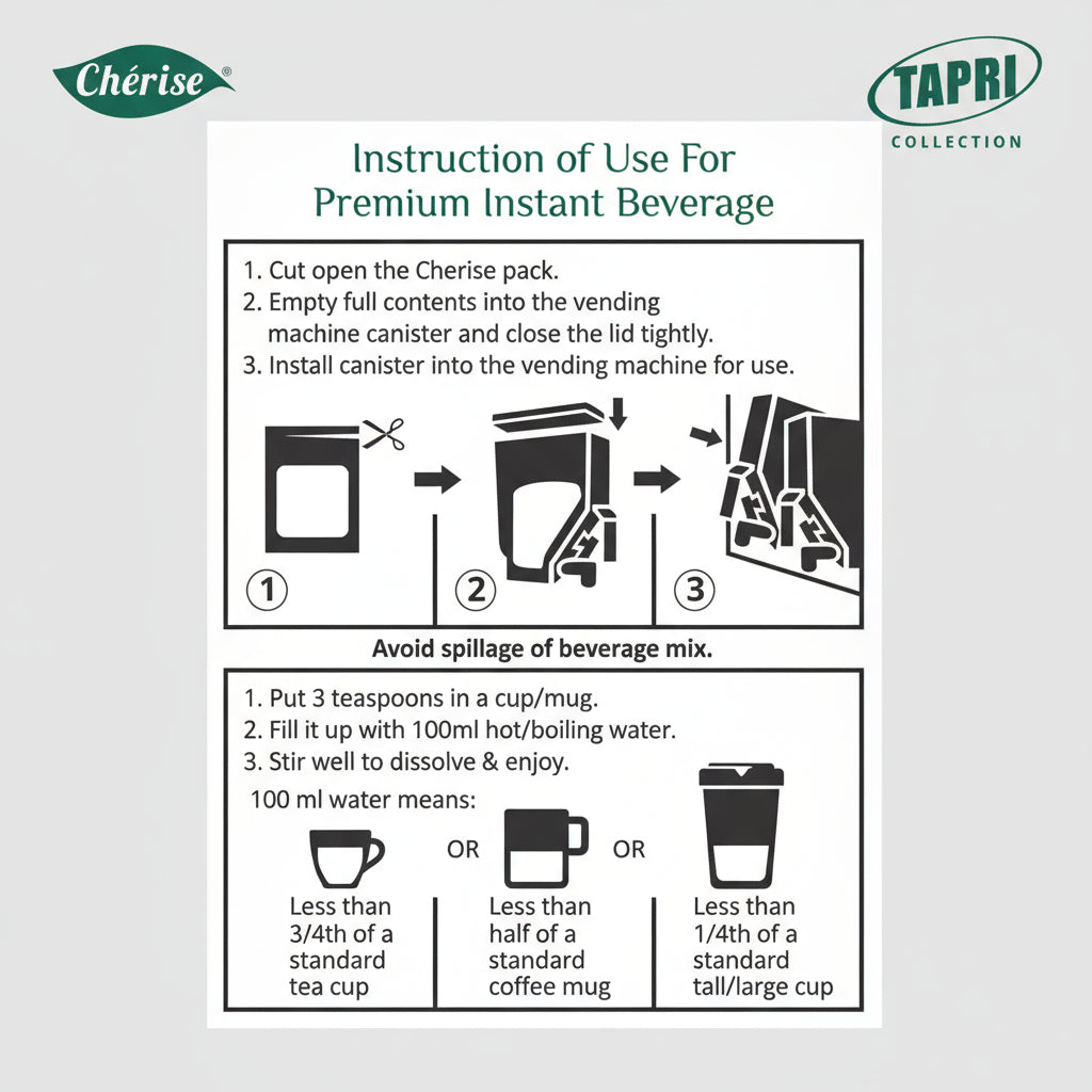 Instruction guide for using Cherise Tapri instant coffee powder with vending machine and serving directions