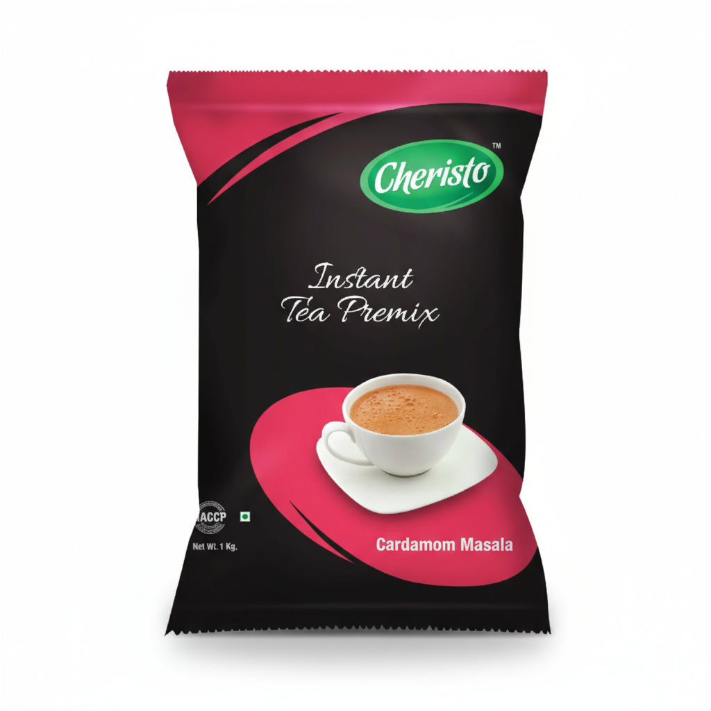 Cheristo cardamom masala tea premix instant tea in 1 kg black and pink packaging with cup of tea image