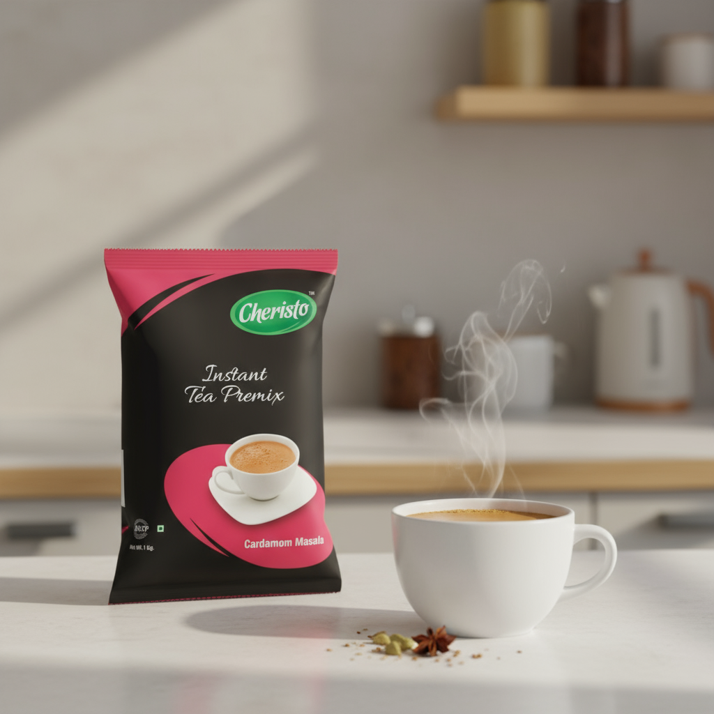 Cheristo cardamom masala tea premix packet next to a steaming cup of cardamom masala tea on a kitchen counter