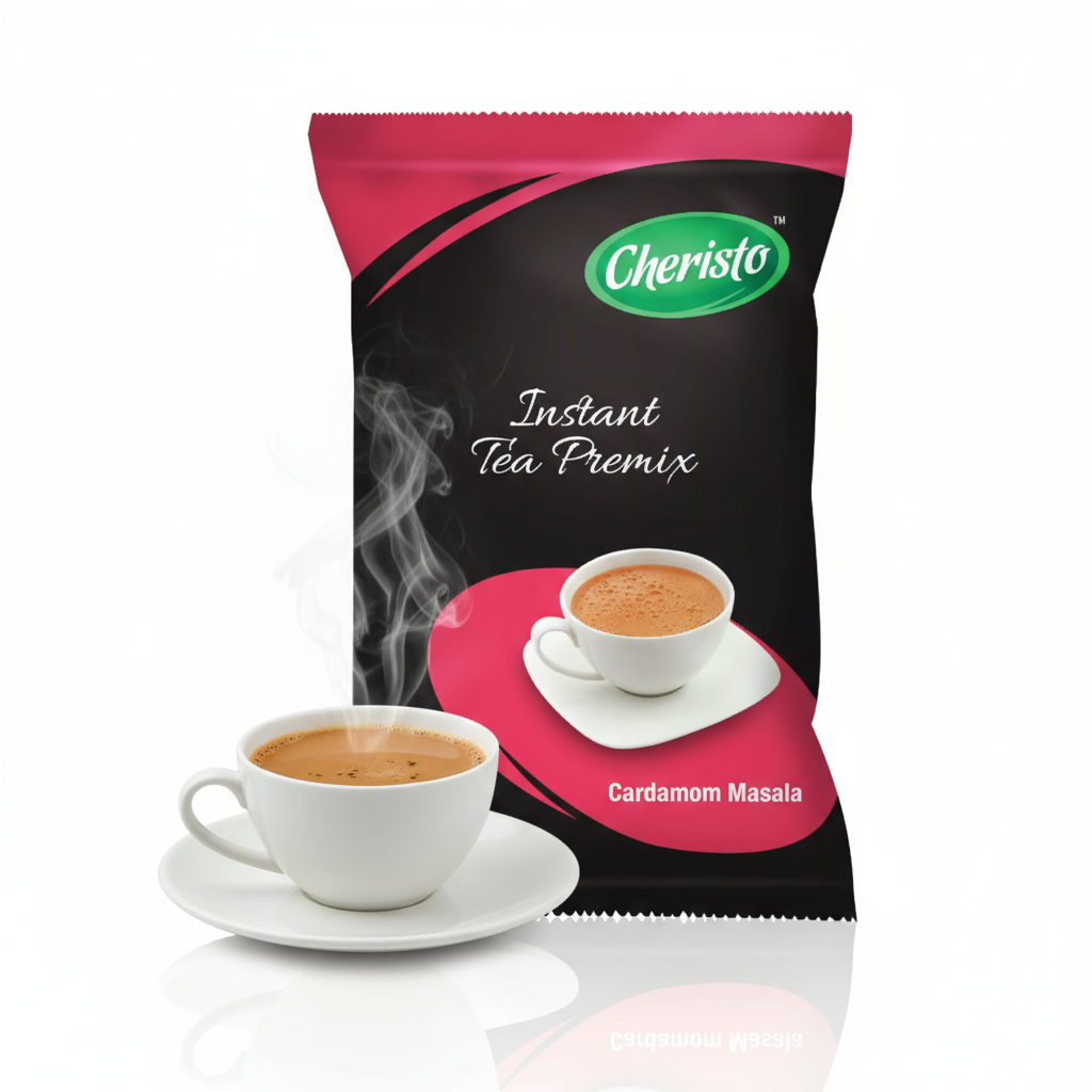 Cheristo cardamom masala tea premix packet with a steaming cup of tea on a white saucer