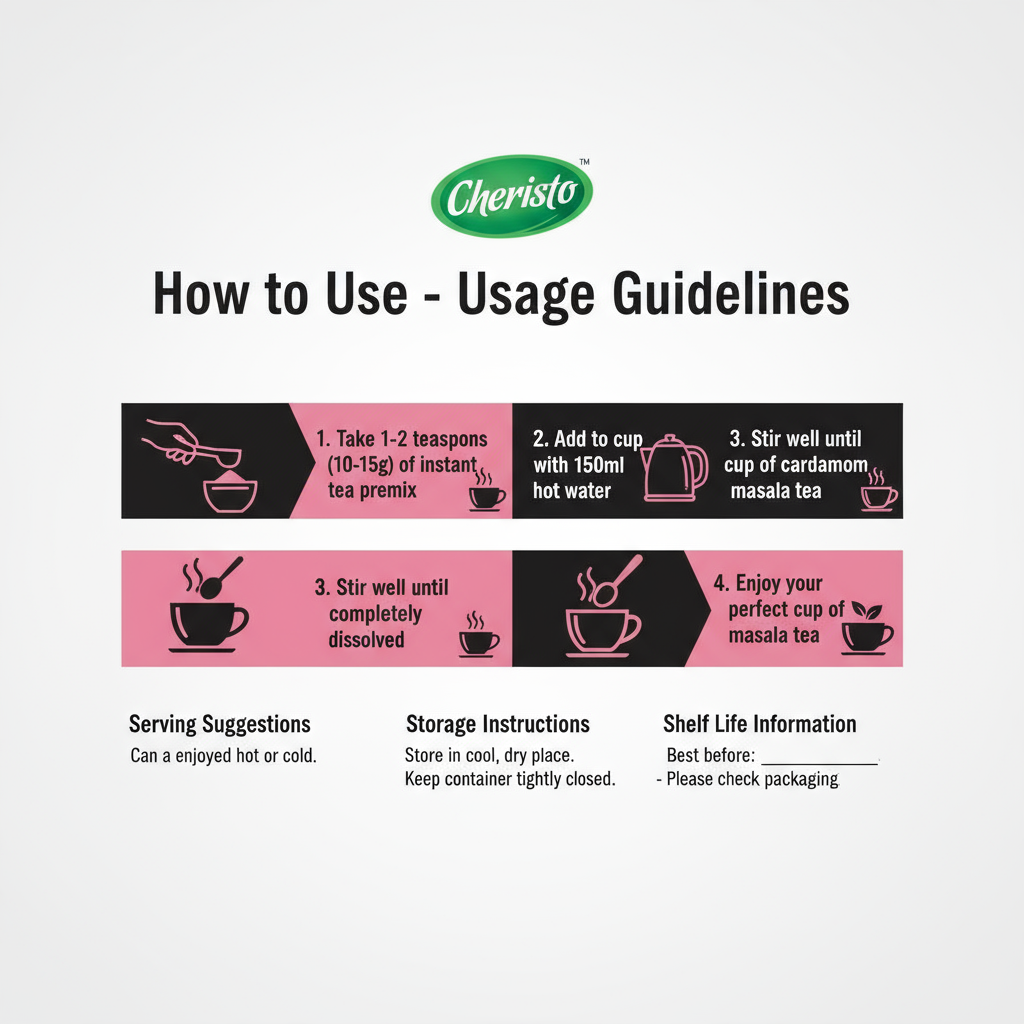 Cheristo cardamom masala tea premix usage guidelines with step-by-step instructions and serving suggestions