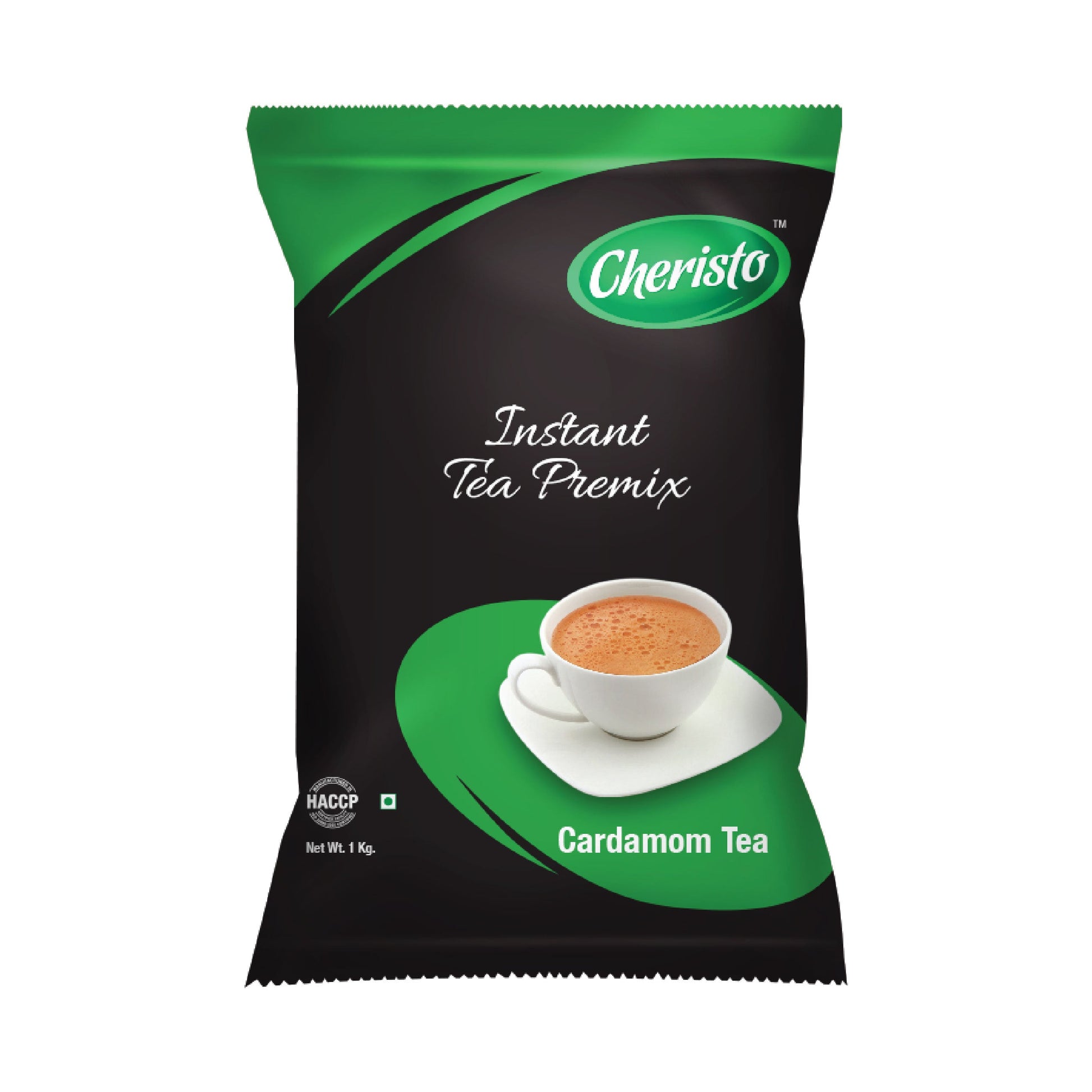 Cheristo instant cardamom tea 1kg pack with a cup of brewed tea on black and green packaging
