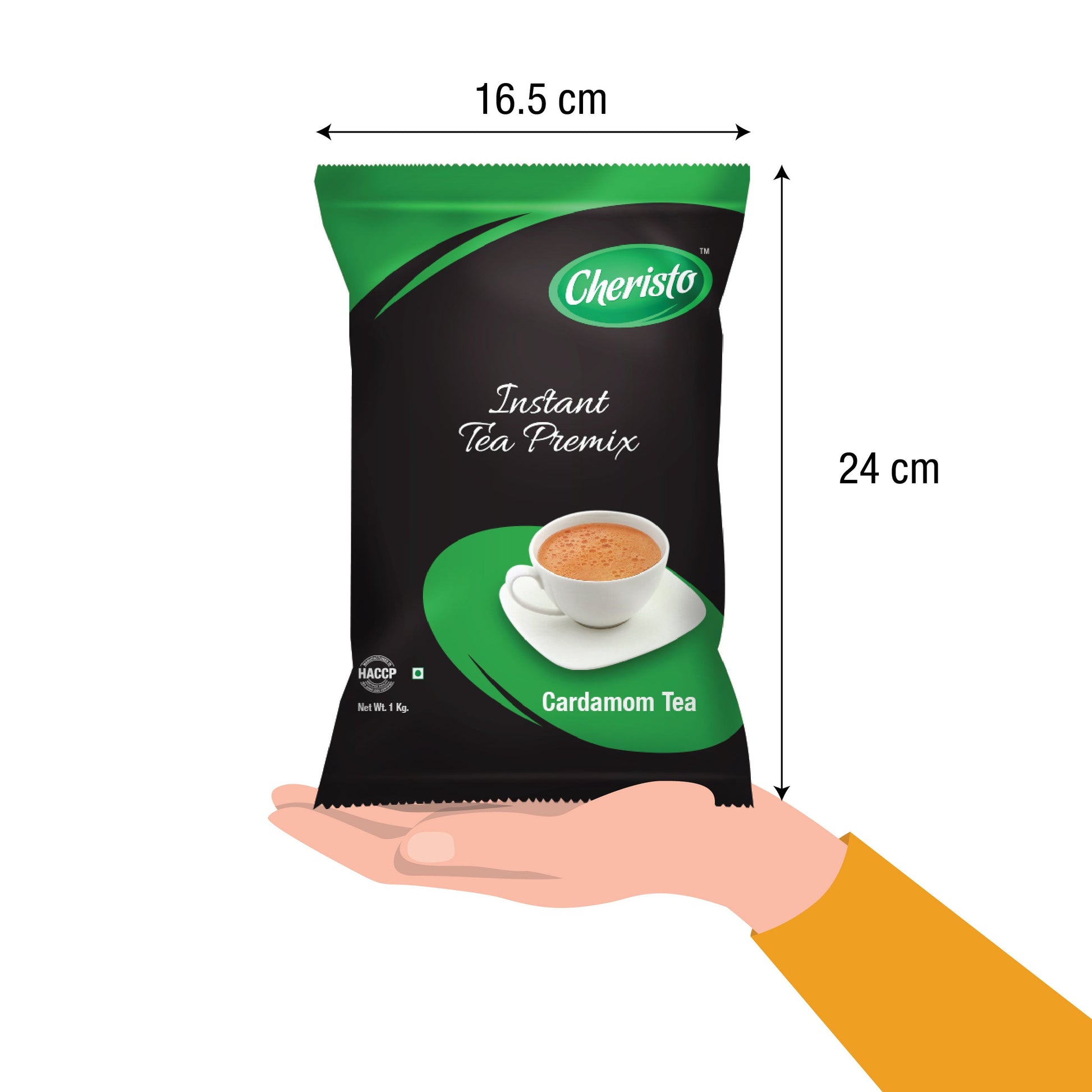 Cheristo cardamom tea 1kg pack instant tea premix in black and green packaging held in hand