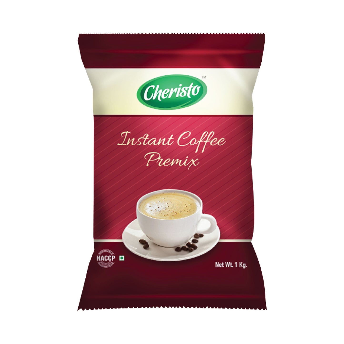 Cheristo instant coffee premix for vending machine in 1 kg red and cream packaging with cup of coffee