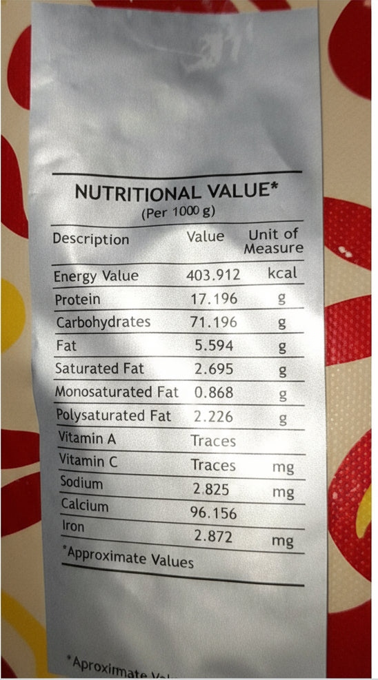Nutritional value label of wholesale coffee beans online showing energy, protein, carbs, fat, vitamins, and minerals per 1000 grams