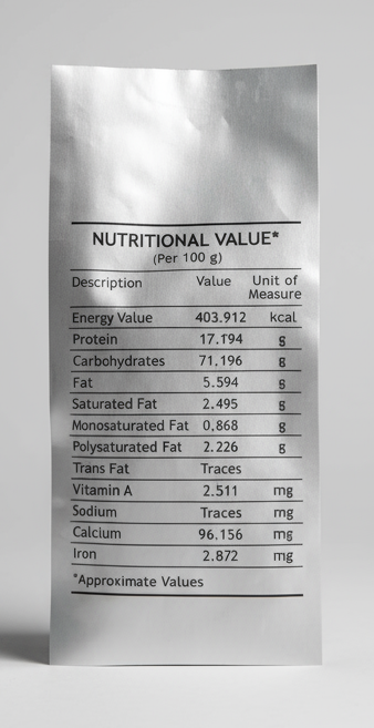 Nutritional value label on silver coffee bean package for wholesale coffee beans online