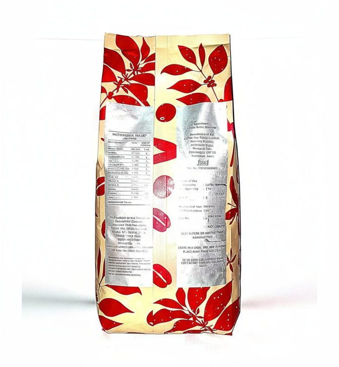 Back view of coffee bag with red leaf design and detailed label for wholesale coffee beans online