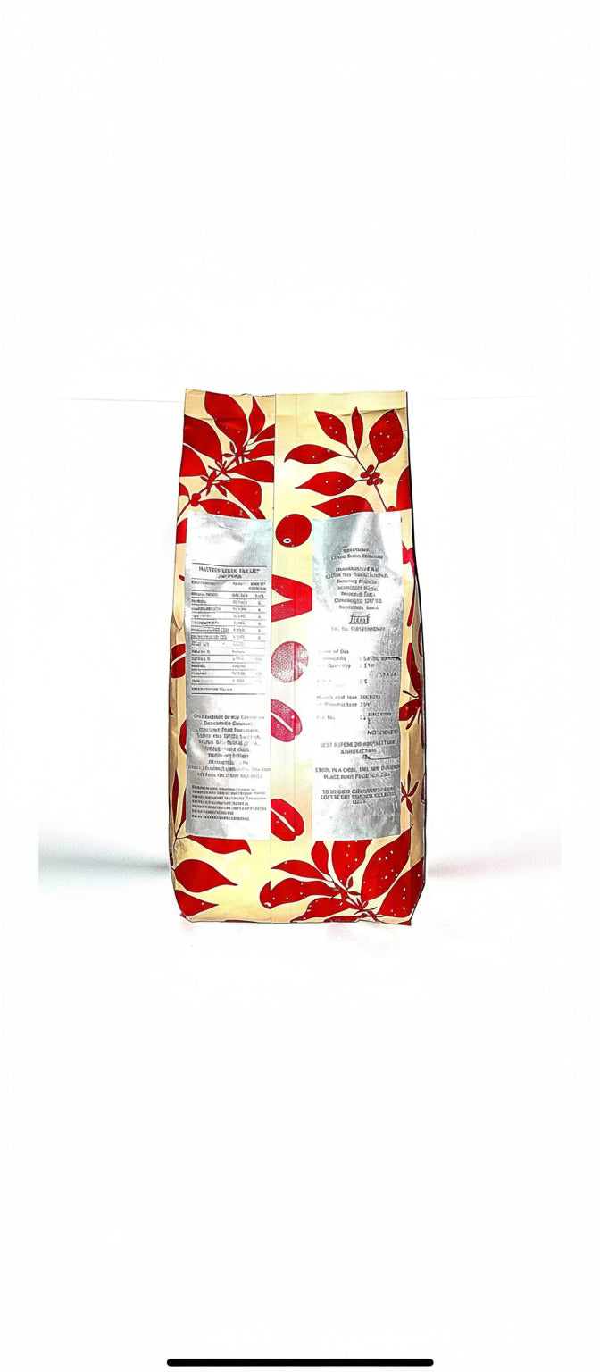 Back view of wholesale coffee beans online package with red leaf design by Tea coffee vending service