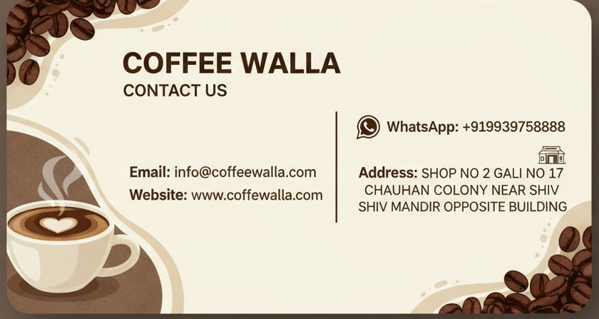 Coffee Walla contact information card with email, website, WhatsApp number, and address details