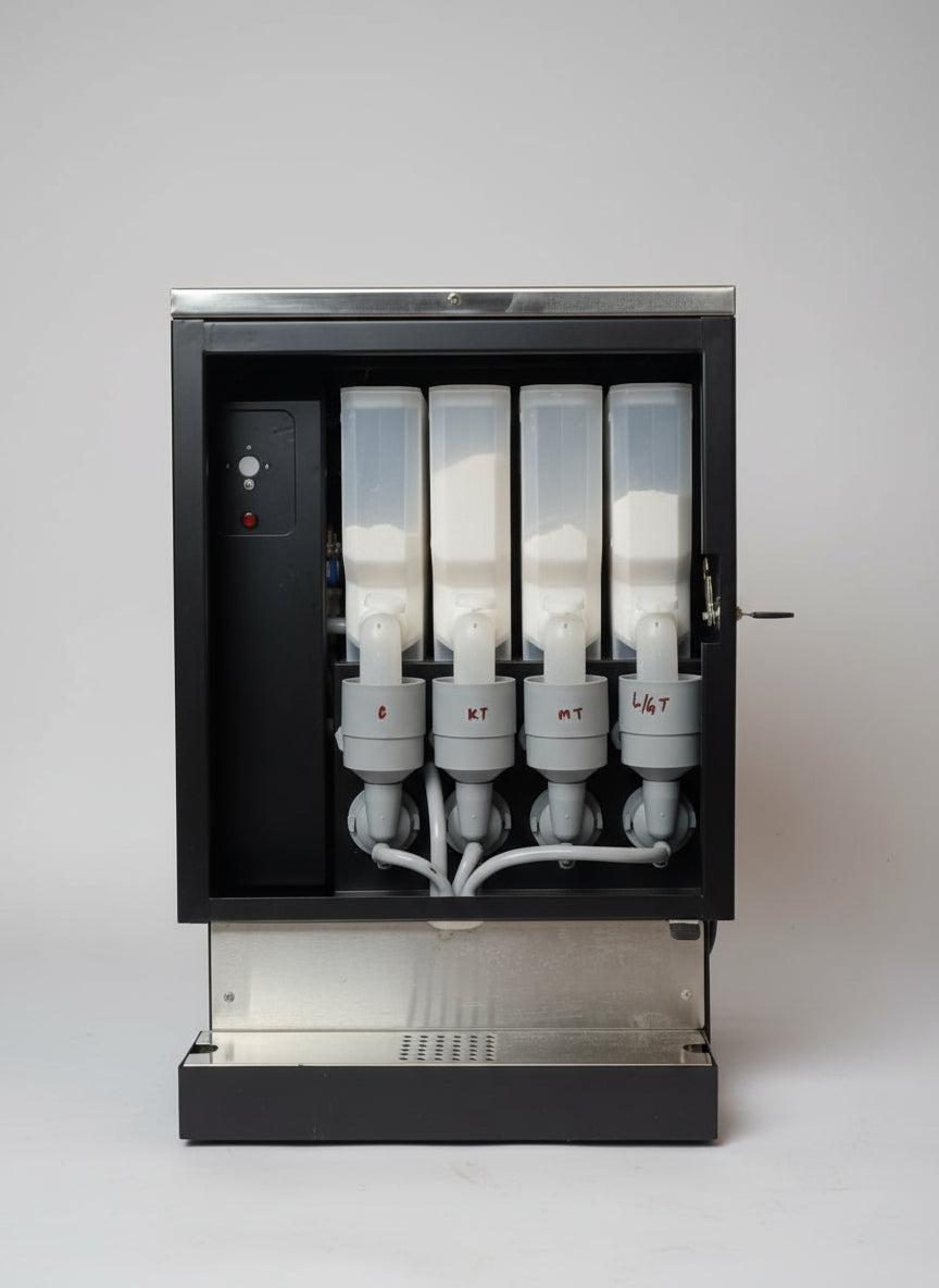 Coffee walla commercial coffee machine with digital payment featuring four white dispensers and black metal casing