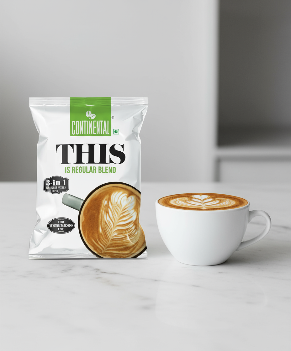 Continental 3 in 1 coffee premix for vending machines regular blend with cup of latte art coffee