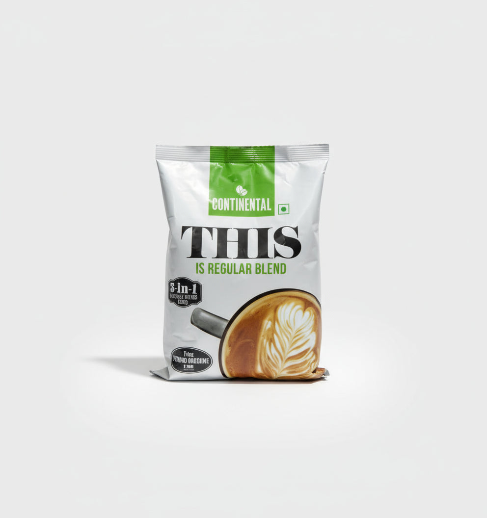 Continental 3 in 1 coffee premix packet with regular blend and latte art coffee cup on packaging