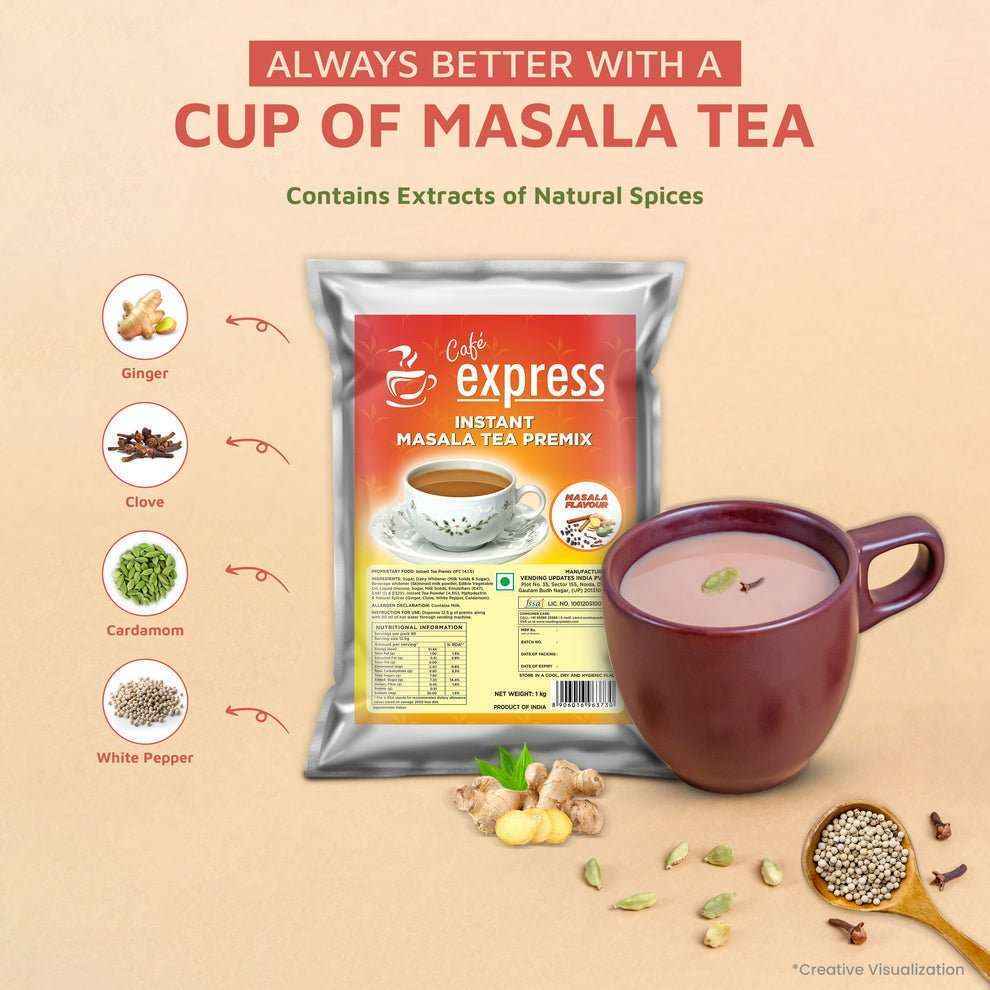 Cafe Express instant masala tea premix 1kg pack with a cup of masala tea and natural spice ingredients