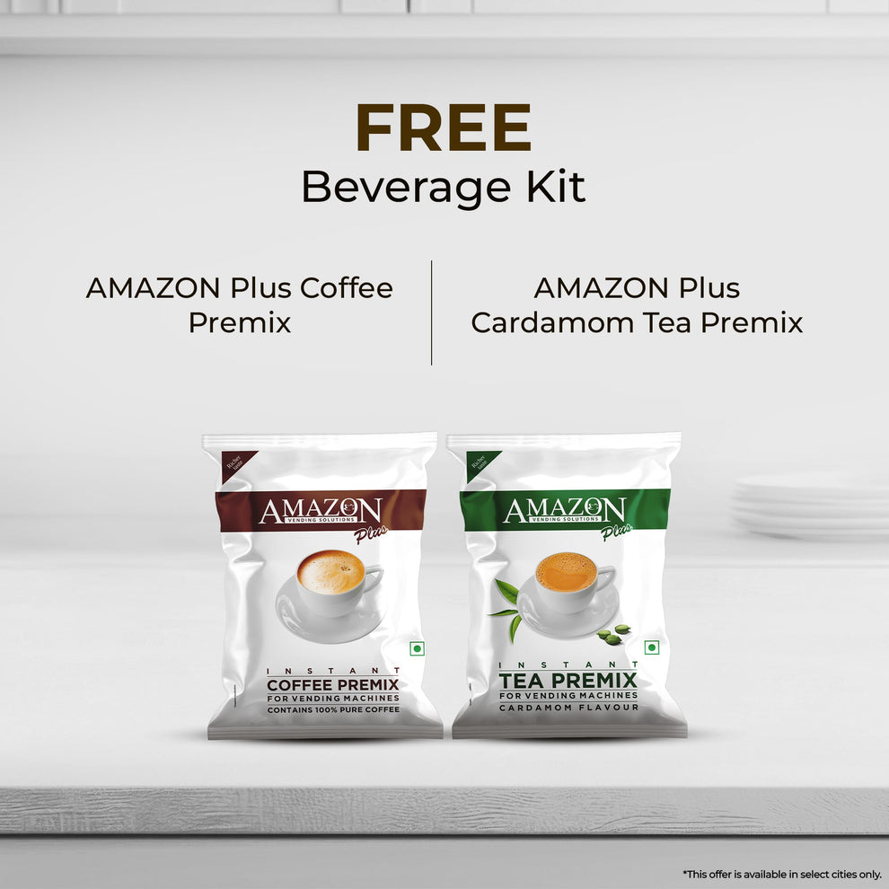 AMAZON Plus Coffee and Cardamom Tea Premix packets for compact hot beverage dispenser from Coffee walla