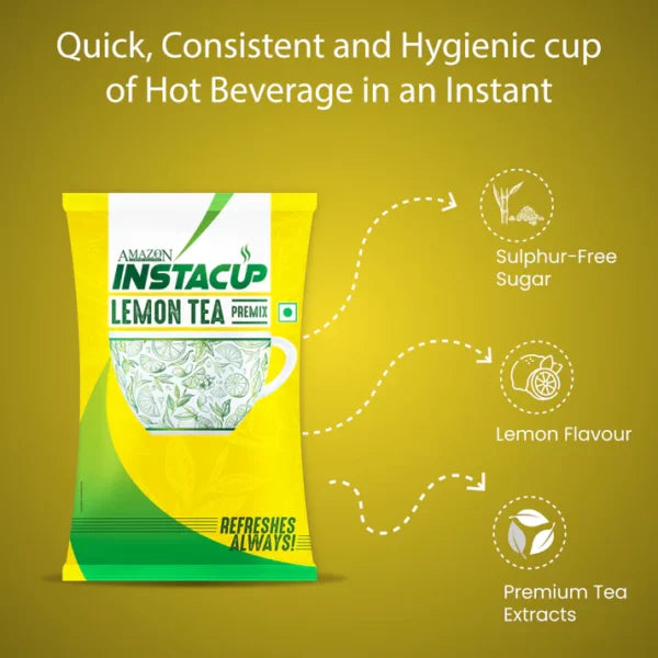Lemon tea premix packet highlighting sulphur-free sugar lemon flavor and premium tea extracts for coffee premix coffee machine tea premix water dispencer