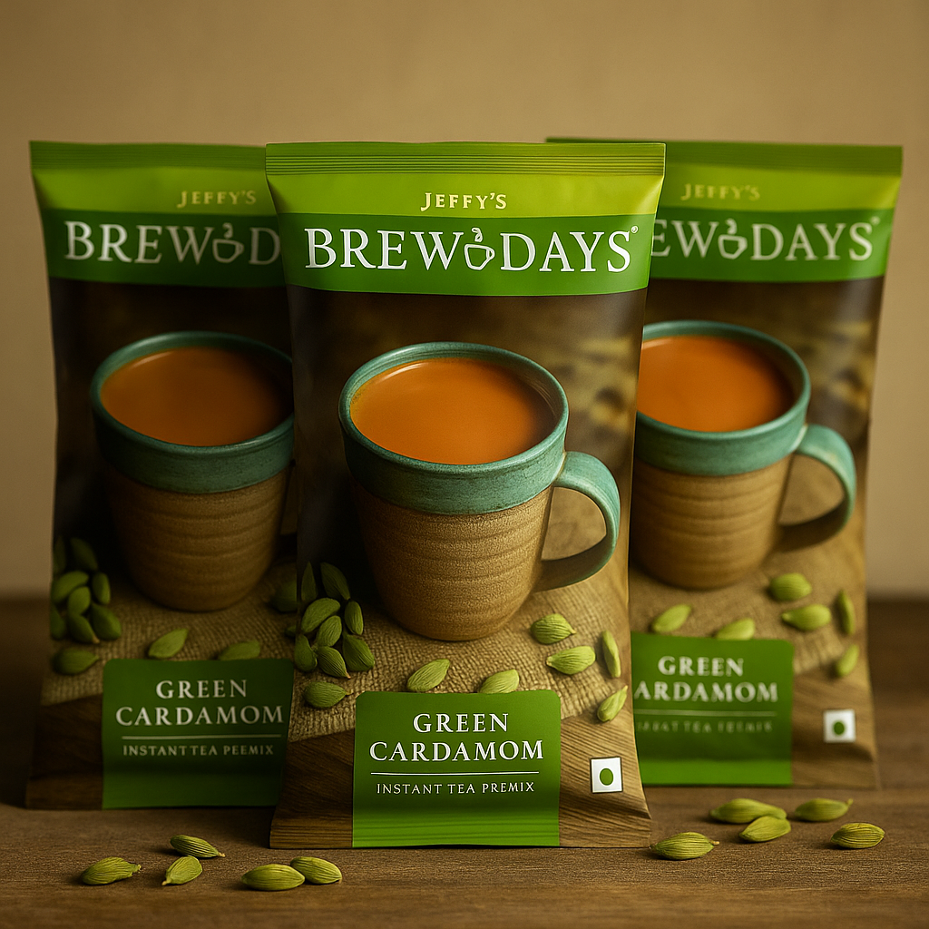 Jeffy's Brewdays green cardamom tea premix for office in brown ceramic cup with cardamom pods on wooden table