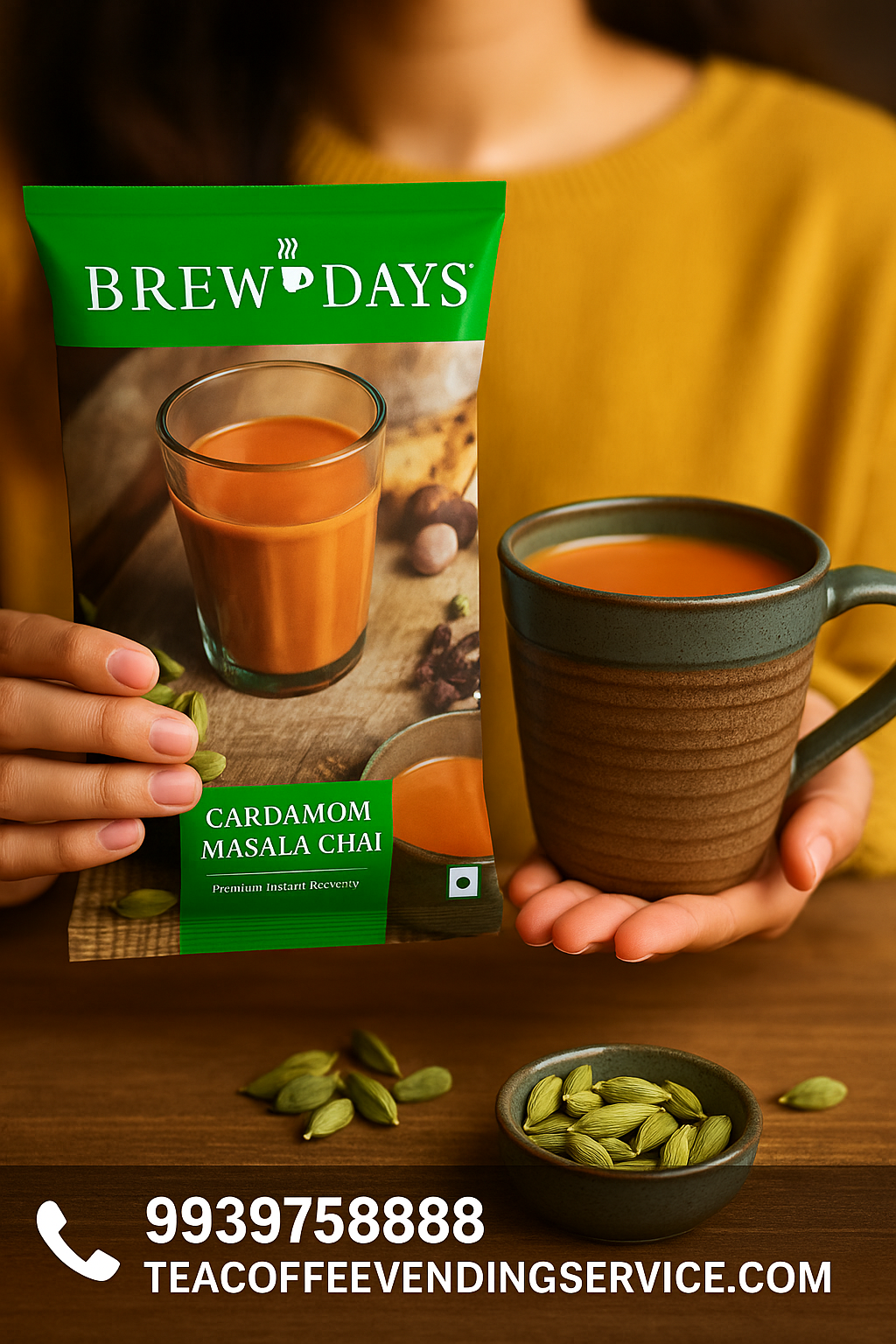 Brewdays cardamom tea premix for office in green sachet held with cup of masala chai and cardamom pods