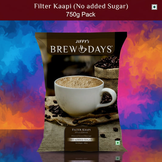 Coffee walla filter kaapi no added sugar 750g pack with cup of frothy coffee and coffee beans