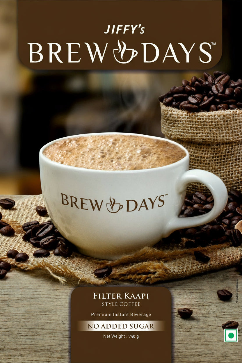 Brew Days filter kaapi no added sugar instant coffee cup with coffee beans in burlap sack
