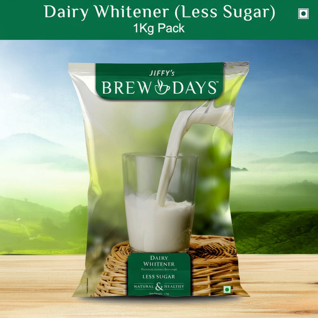 Jiffy's Brew Days low sugar dairy whitener 1kg pack with milk pouring into a glass