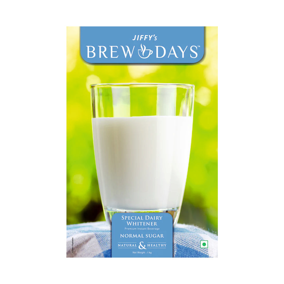 Jiffy's Brew Days premium low sugar dairy whitener in a glass with natural background