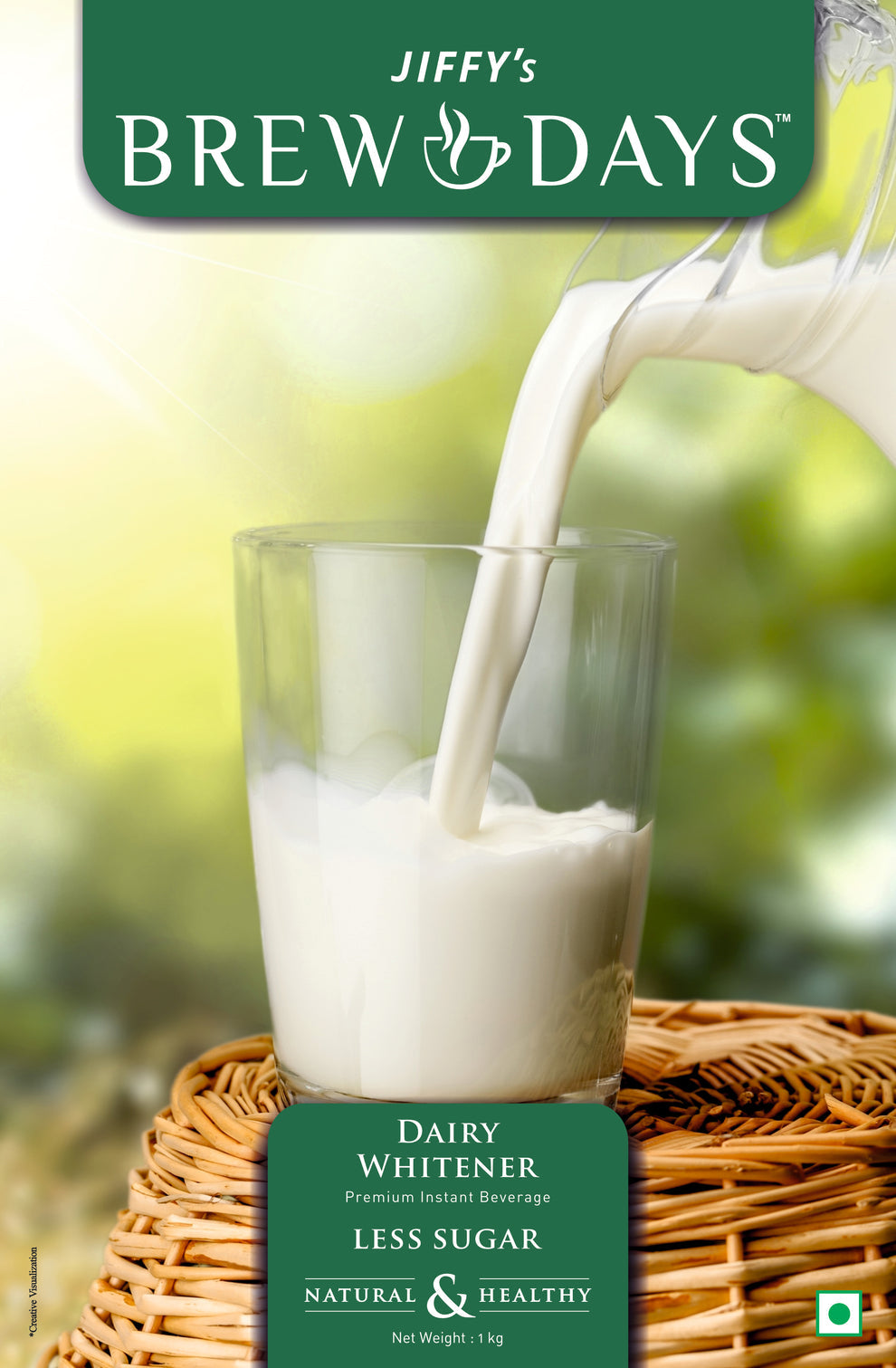 Coffee walla low sugar dairy whitener pouring into a clear glass on a woven mat with natural background