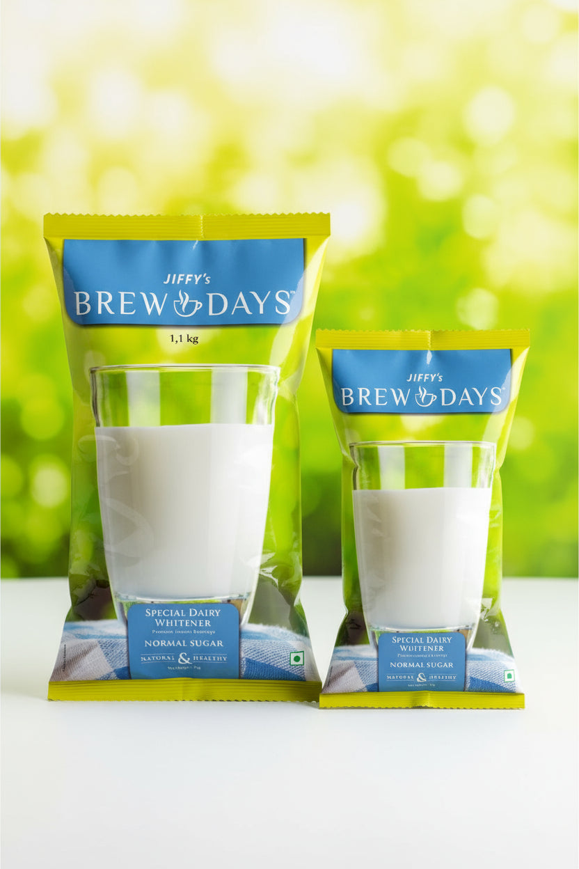 Coffee walla Jiffy's Brew Days low sugar dairy whitener in two different package sizes with a glass of milk