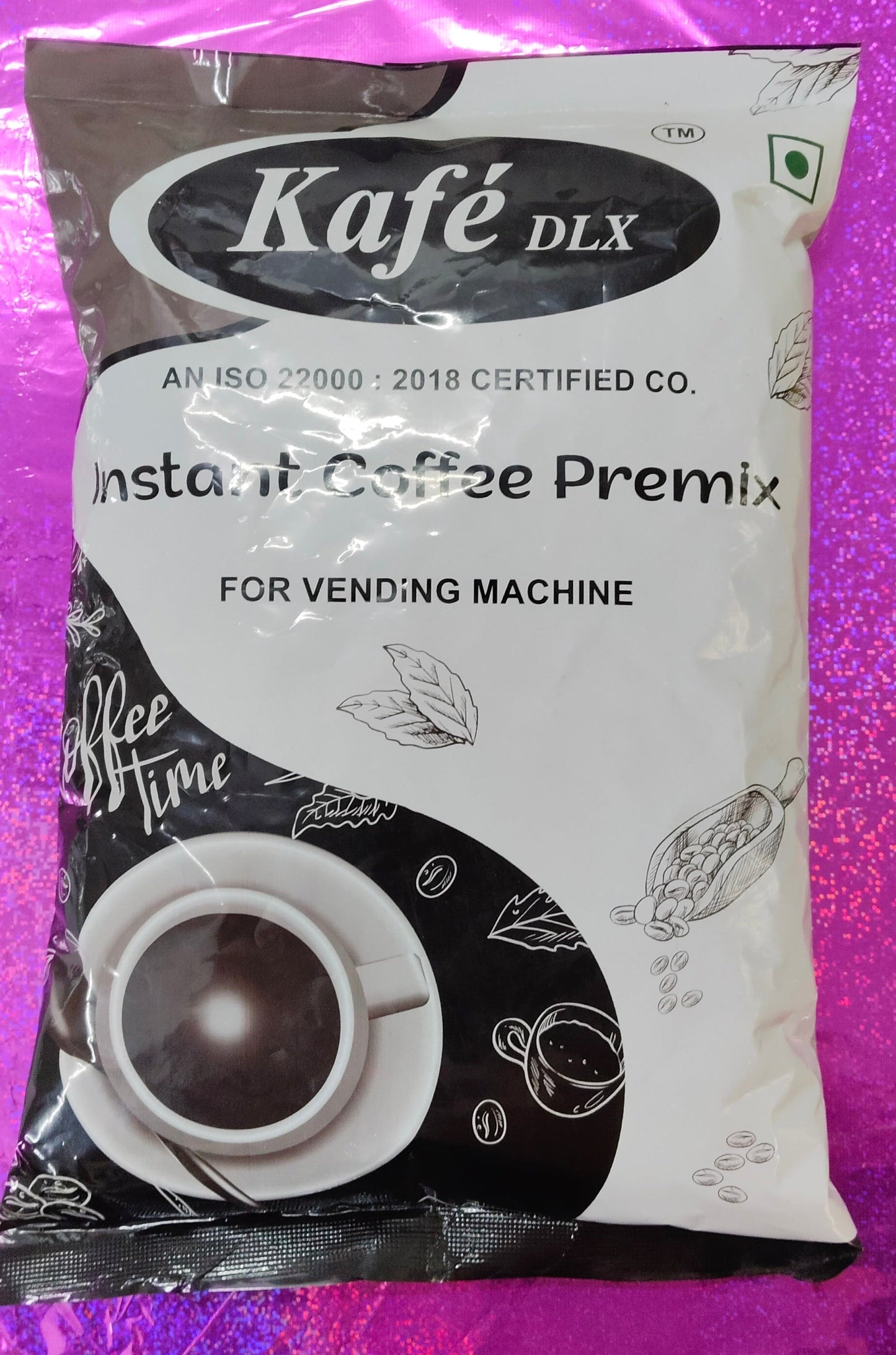 Kafe DLX instant coffee premix for vending machines pack with coffee cup and beans illustration