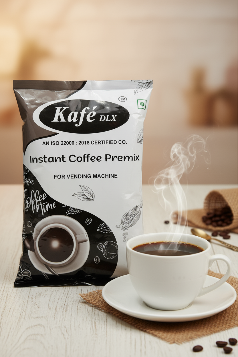 Kafe DLX instant coffee premix for vending machines pouch next to a steaming cup of coffee