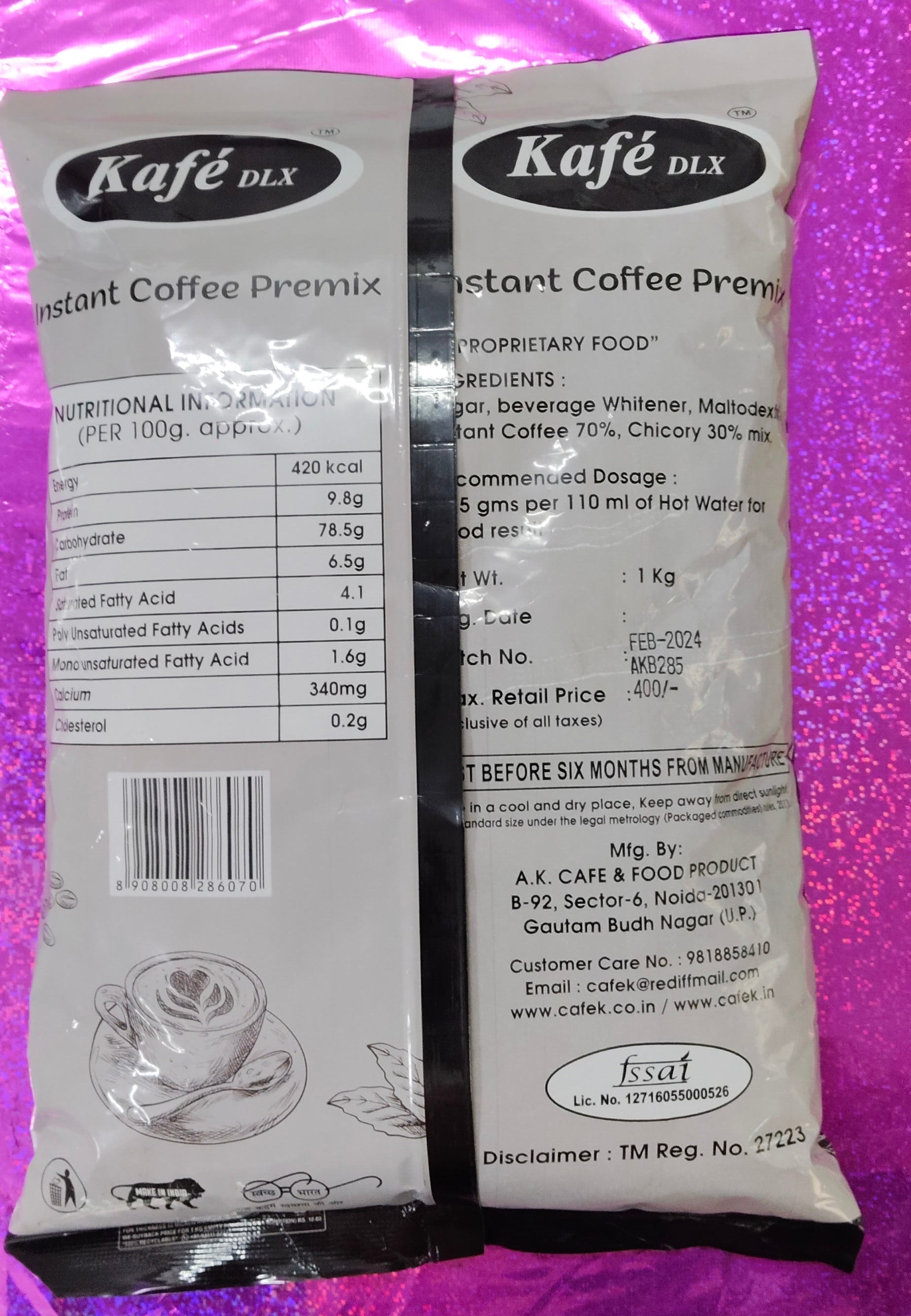 Kafe DLX instant coffee premix for vending machines white and black packaging with nutritional information