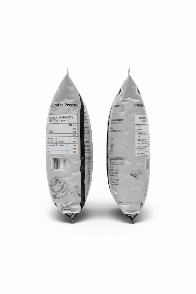 Coffee Walla instant coffee premix for vending machines in silver foil packaging showing nutritional information